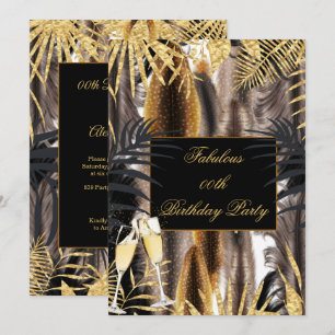 Feathers Black Gold Brown Champagne Birthday Party Invitation