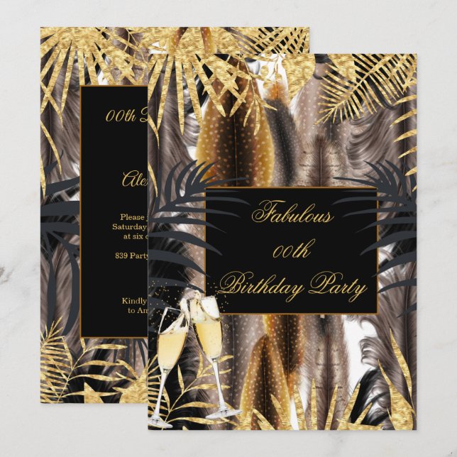 Feathers Black Gold Brown Champagne Birthday Party Invitation (Front/Back)
