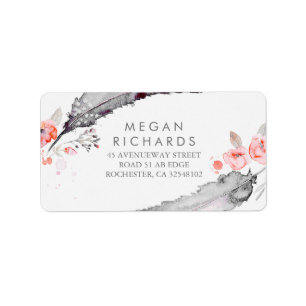 Feathers Bohemian Romantic Grey Pink Wedding Label