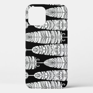 Feathers boho: black and white pattern iPhone 12 case