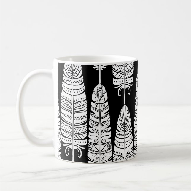Feathers boho: black and white pattern coffee mug (Left)