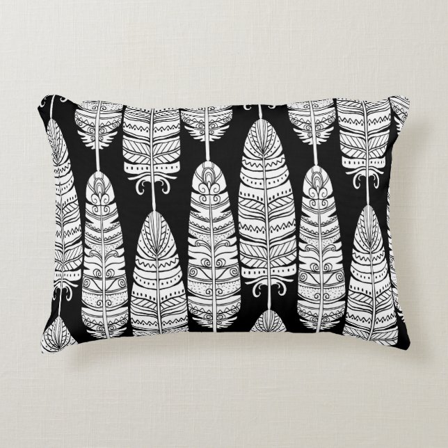 Feathers boho: black and white pattern decorative cushion (Front)