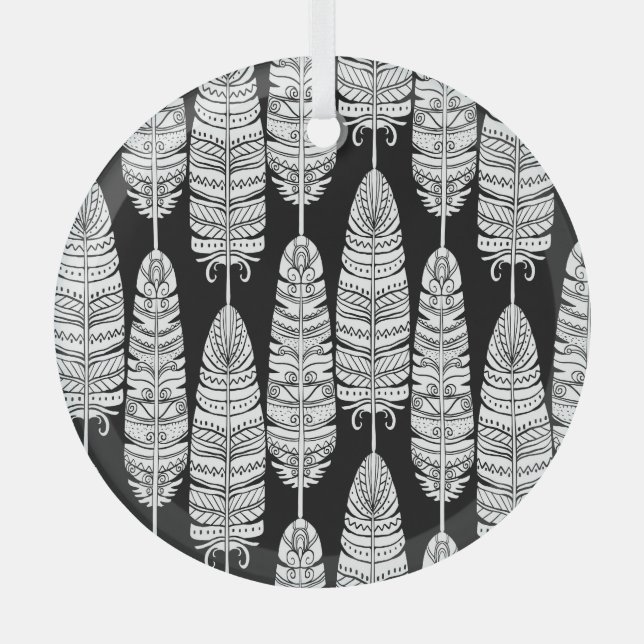 Feathers boho: black and white pattern glass tree decoration (Front)