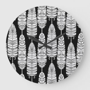 Feathers boho: black and white pattern large clock