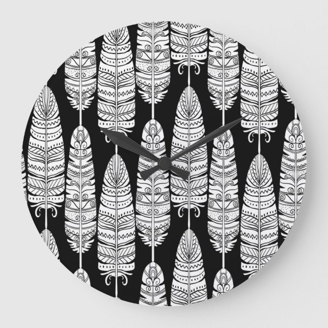 Feathers boho: black and white pattern large clock (Front)