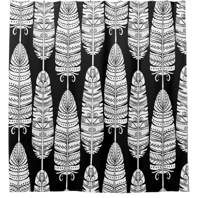 Feathers boho: black and white pattern shower curtain (Front)