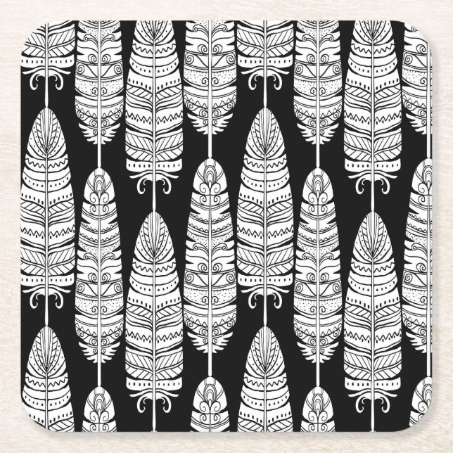 Feathers boho: black and white pattern square paper coaster (Front)