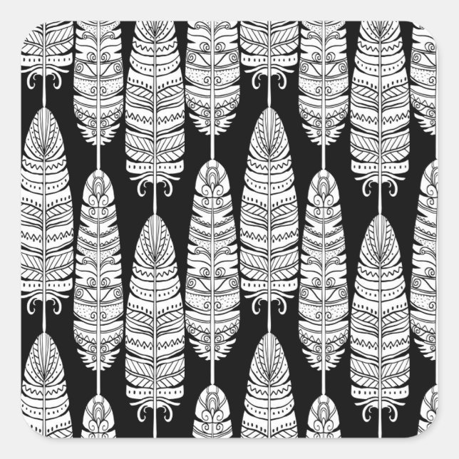 Feathers boho: black and white pattern square sticker (Front)