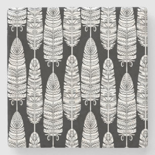 Feathers boho: black and white pattern stone coaster