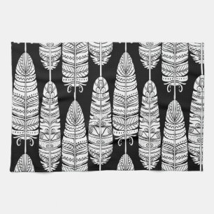 Feathers boho: black and white pattern tea towel