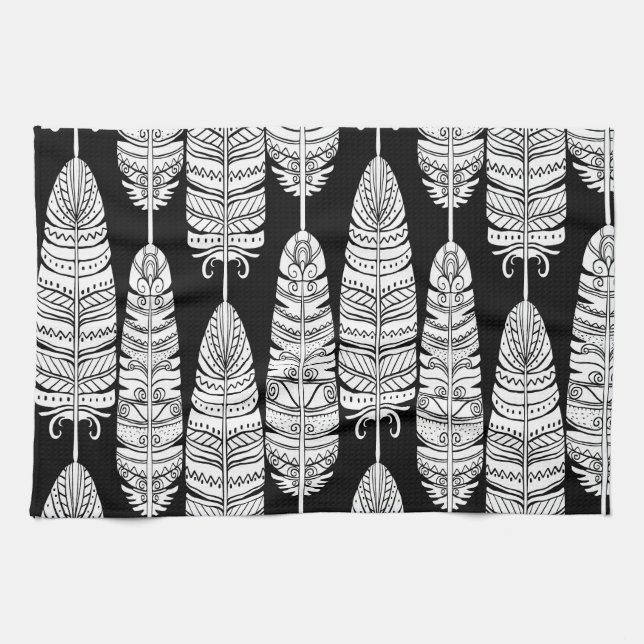 Feathers boho: black and white pattern tea towel (Horizontal)