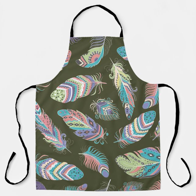 Feathers Boho Seamless Pattern. Tribal Ethnic Back Apron (Front)