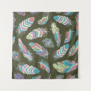 Feathers Boho Seamless Pattern. Tribal Ethnic Back Tapestry
