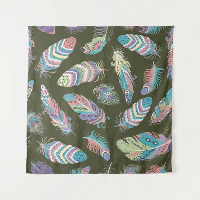 Feathers Boho Seamless Pattern. Tribal Ethnic Back Tapestry (Front)