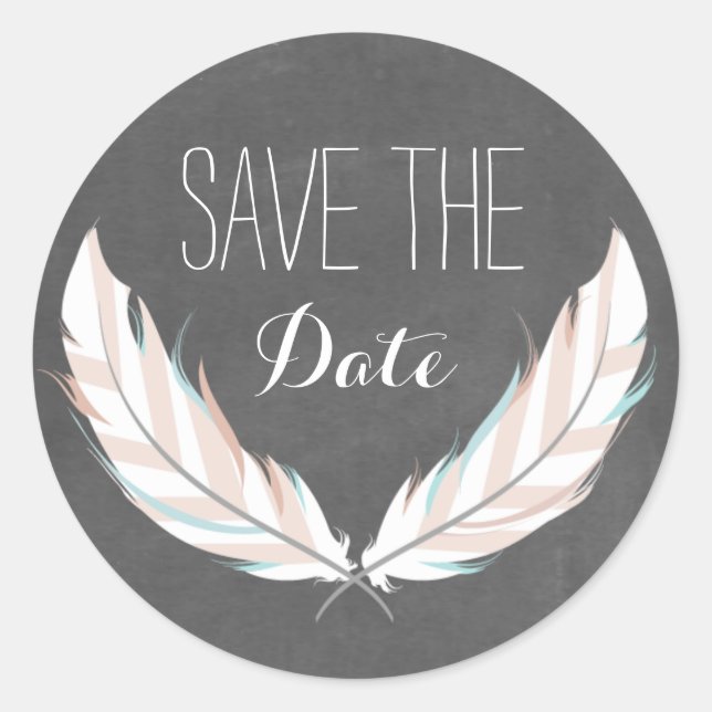 Feathers + Chalkboard Save The Date Sticker (Front)