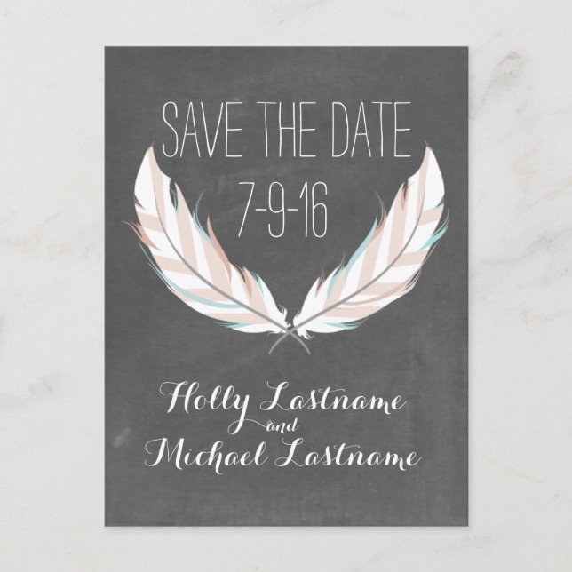 Feathers + Chalkboard Wedding Save The Date Announcement Postcard (Front)