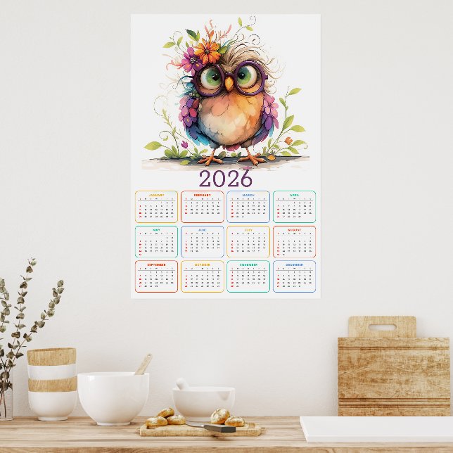 Feathers & Flowers: 2026 Owl Calendar Poster (Kitchen)