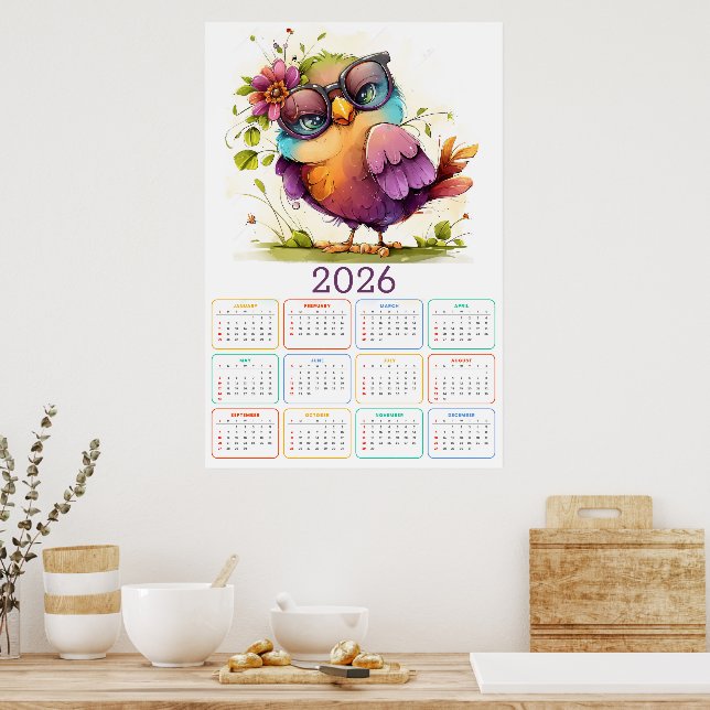 Feathers & Flowers: 2026 Owl Calendar Poster (Kitchen)