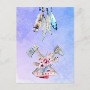 Feathers Flowers and Love Watercolor Design Postcard