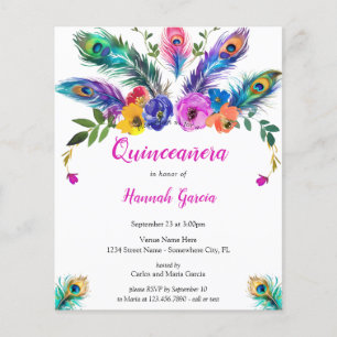 Feathers & Flowers Budget Quinceañera Invitation