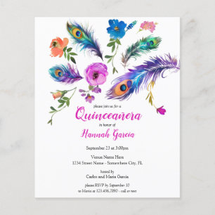 Feathers & Flowers Budget Quinceañera Invitation