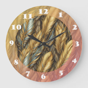 Feathers Golden Silver Art  Large Clock