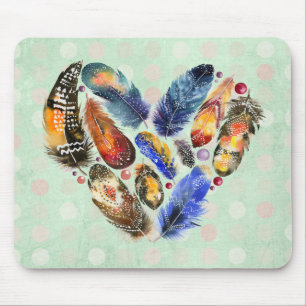 Feathers In A Heart Shape Watercolor Design Mouse Mat