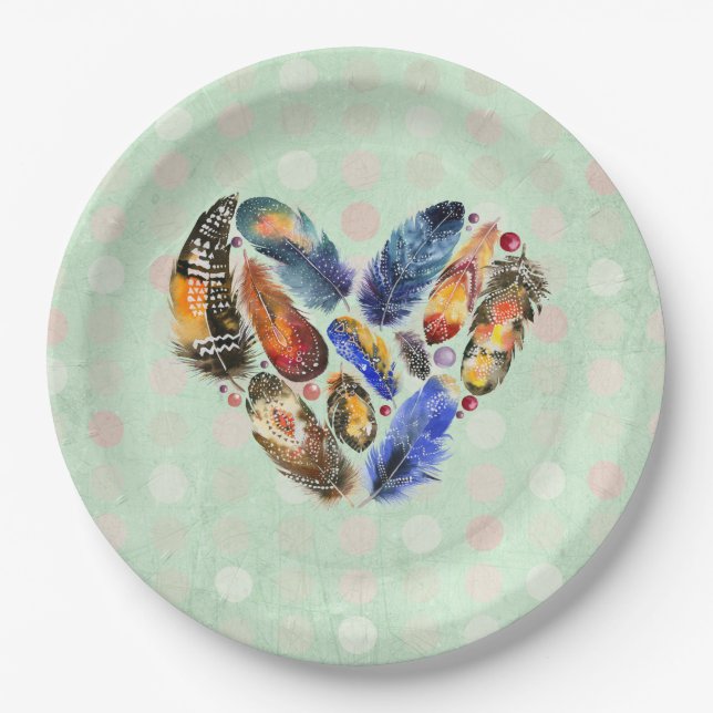 Feathers In A Heart Shape Watercolor Design Paper Plate (Front)