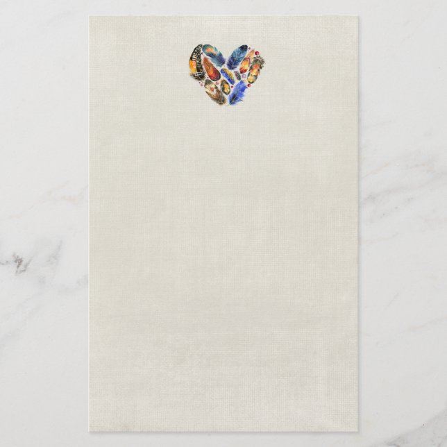Feathers In A Heart Shape Watercolor Design Stationery (Front)