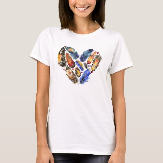 Feathers In A Heart Shape Watercolor Design T-Shirt (Front)