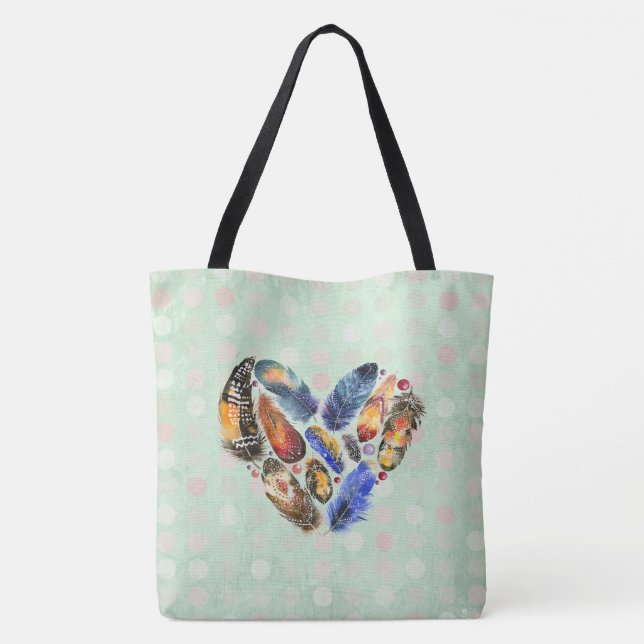 Feathers In A Heart Shape Watercolor Design Tote Bag (Back)