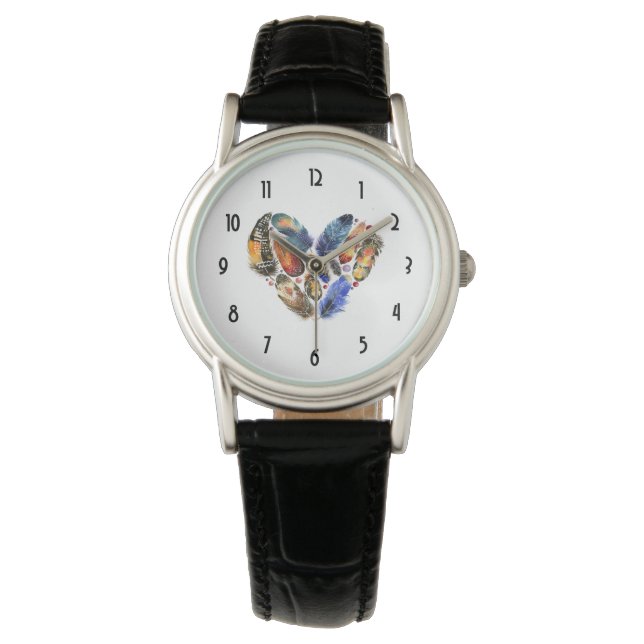Feathers In A Heart Shape Watercolor Design Watch (Front)