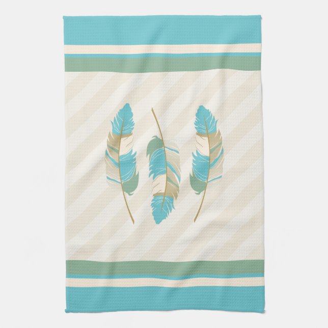 Feathers in Cream, Blue and Green Tea Towel (Vertical)