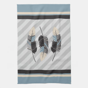 Feathers in Cream, Grey and Blue Tea Towel