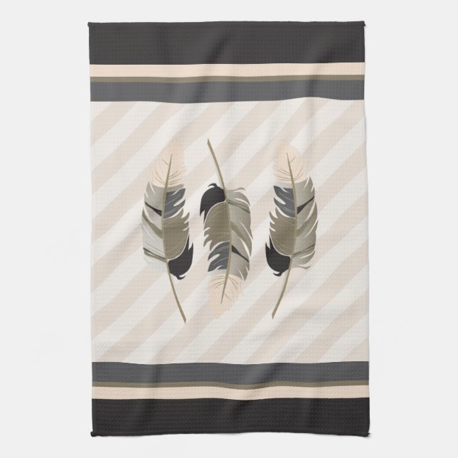Feathers in Cream, Grey and Brown Tea Towel (Vertical)