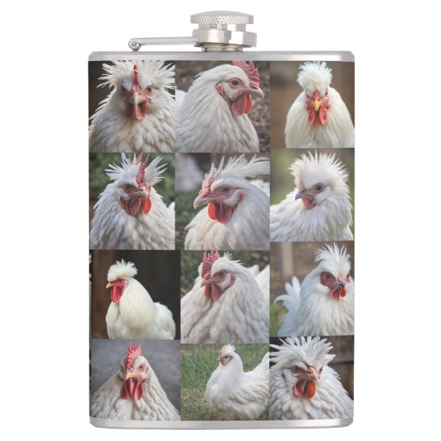 "Feathers in Focus: A White Chicken's Portrait" Hip Flask (Front)