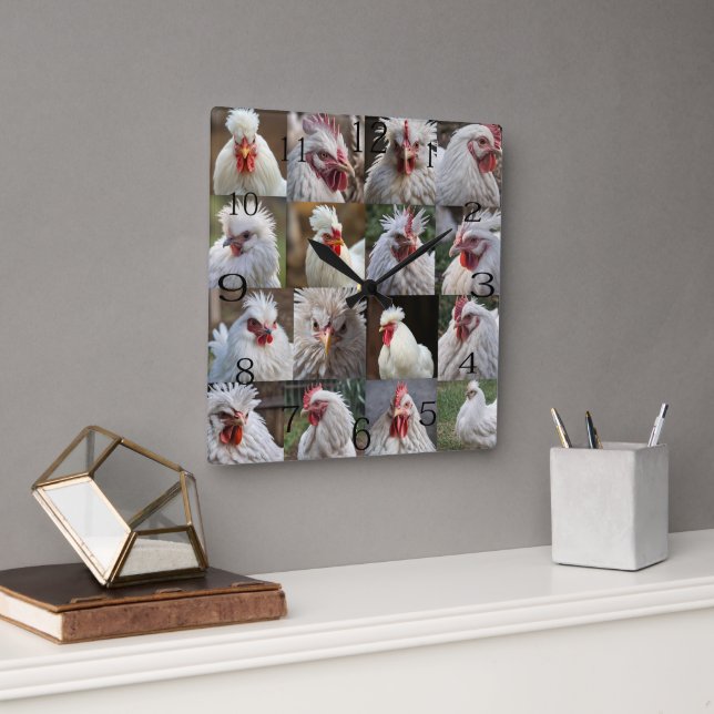 "Feathers in Focus: A White Chicken's Portrait" Square Wall Clock (Office)