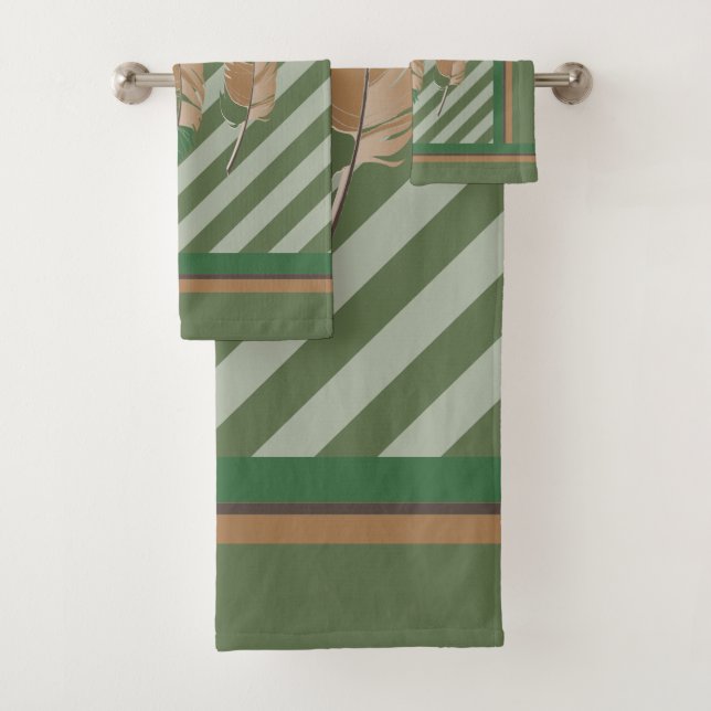 Feathers in Green Stripes and Nature Colours. Bath Towel Set (Insitu)