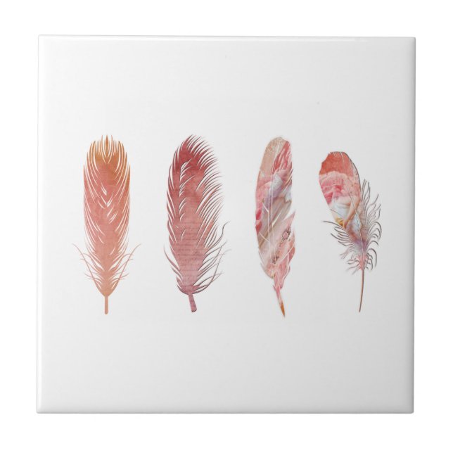 Feathers in pink and coral on a white backdrop tile (Front)
