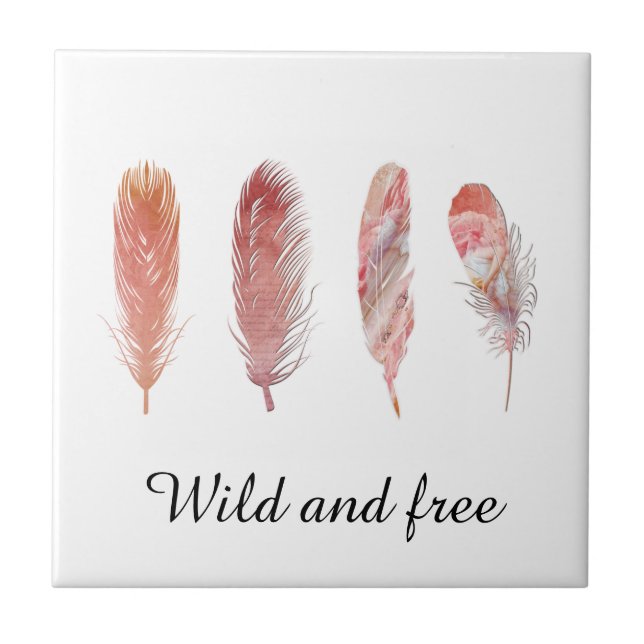 Feathers in pink and coral on white wild and free tile (Front)
