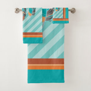 Feathers in Teal Stripes and Desert Colours. Bath Towel Set