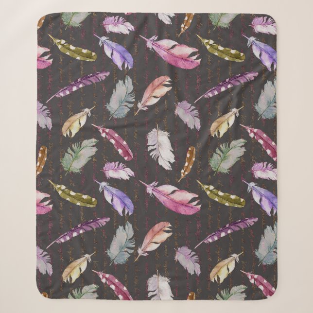 Feathers Note: Watercolor Bird Pattern. Sherpa Blanket (Front)