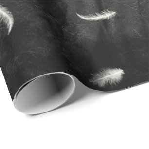 Feathers On Black Leather Wrapping Paper