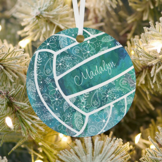 feathers paislies floral pattern teal volleyball metal tree decoration (Insitu)