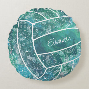 feathers paislies floral pattern teal volleyball round cushion