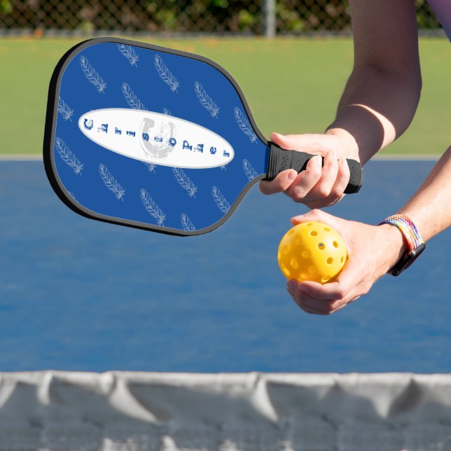 Feathers Pattern White Blue Modern Monogram Pickleball Paddle (Insitu)