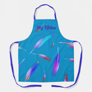 Feathers pink purple yellow, blue base apron