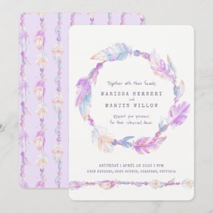Feathers purple watercolor rehearsal dinner invitation