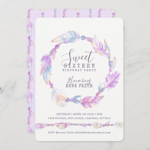Feathers purple watercolor sweet sixteen invitation