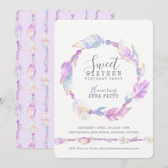 Feathers purple watercolor sweet sixteen invitation (Front/Back)